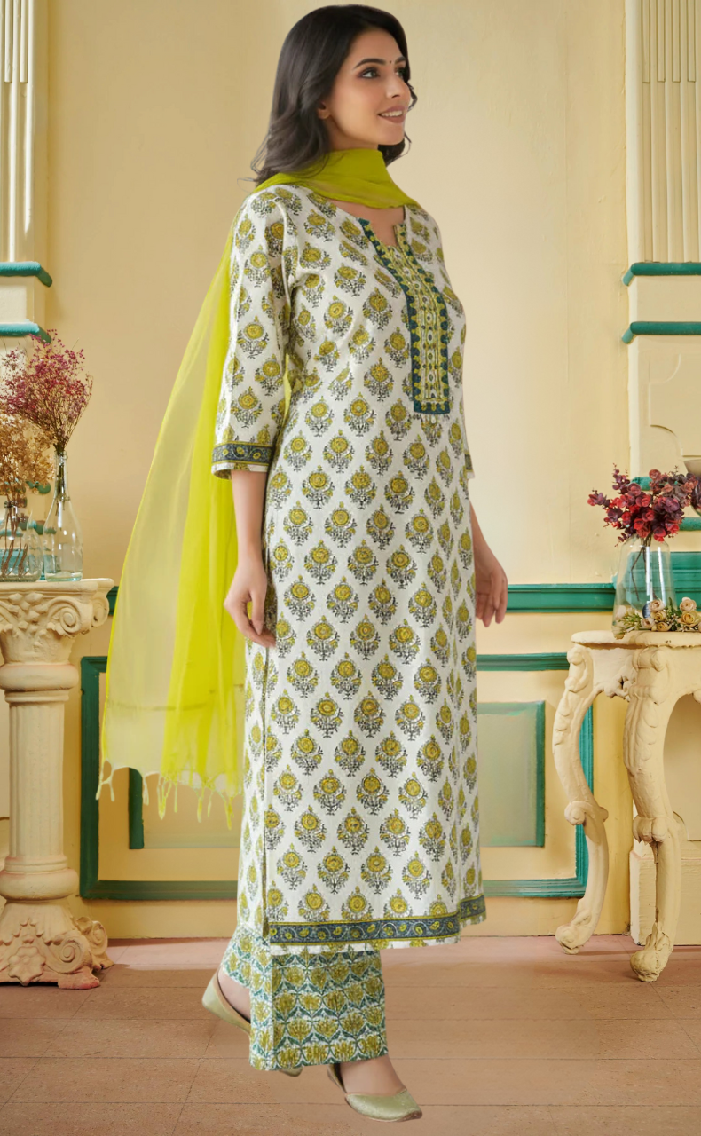 White Floral Jaipur Cotton Kurti With Pant And Dupatta Set. Pure Versatile Cotton. | Laces and Frills