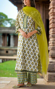 White Floral Jaipur Cotton Kurti With Pant And Dupatta Set. Pure Versatile Cotton. | Laces and Frills