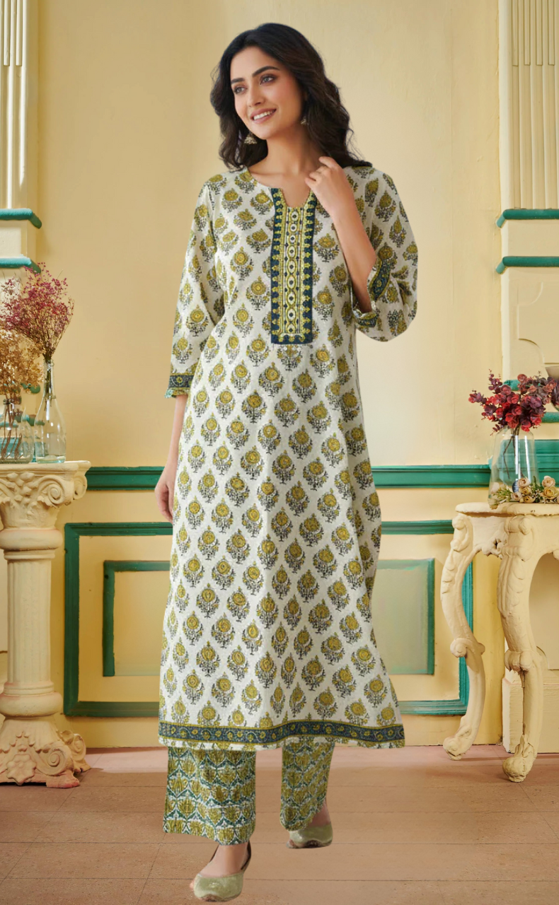 White Floral Jaipur Cotton Kurti With Pant And Dupatta Set. Pure Versatile Cotton. | Laces and Frills