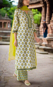 White Floral Jaipur Cotton Kurti With Pant And Dupatta Set. Pure Versatile Cotton. | Laces and Frills
