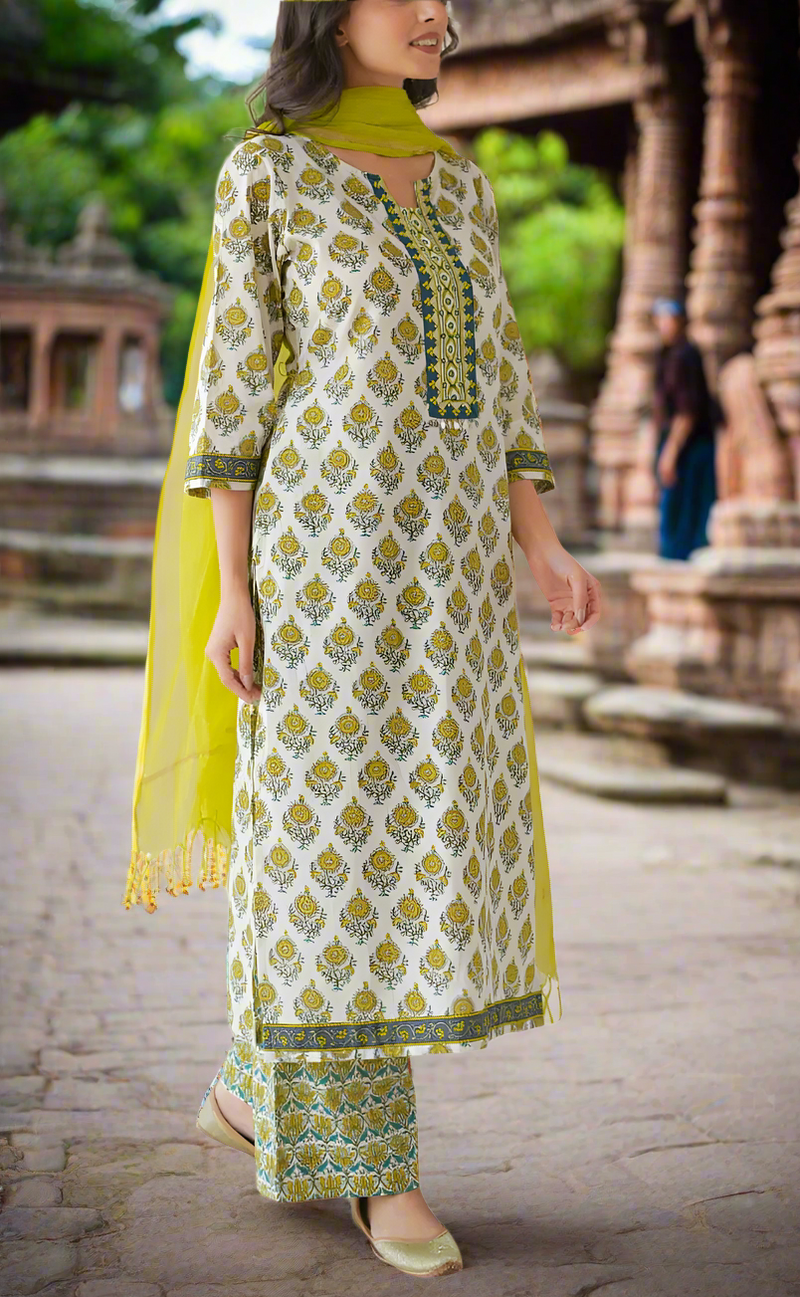 White Floral Jaipur Cotton Kurti With Pant And Dupatta Set. Pure Versatile Cotton. | Laces and Frills