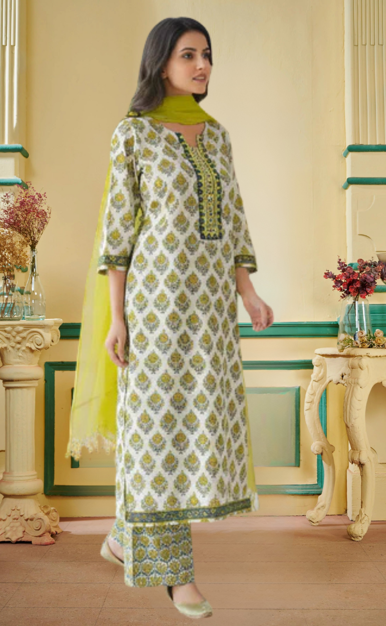 White Floral Jaipur Cotton Kurti With Pant And Dupatta Set. Pure Versatile Cotton. | Laces and Frills