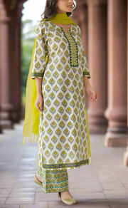White Floral Jaipur Cotton Kurti With Pant And Dupatta Set. Pure Versatile Cotton. | Laces and Frills