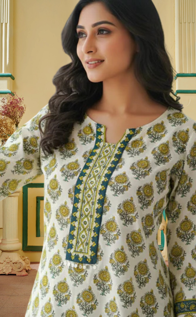 White Floral Jaipur Cotton Kurti With Pant And Dupatta Set. Pure Versatile Cotton. | Laces and Frills