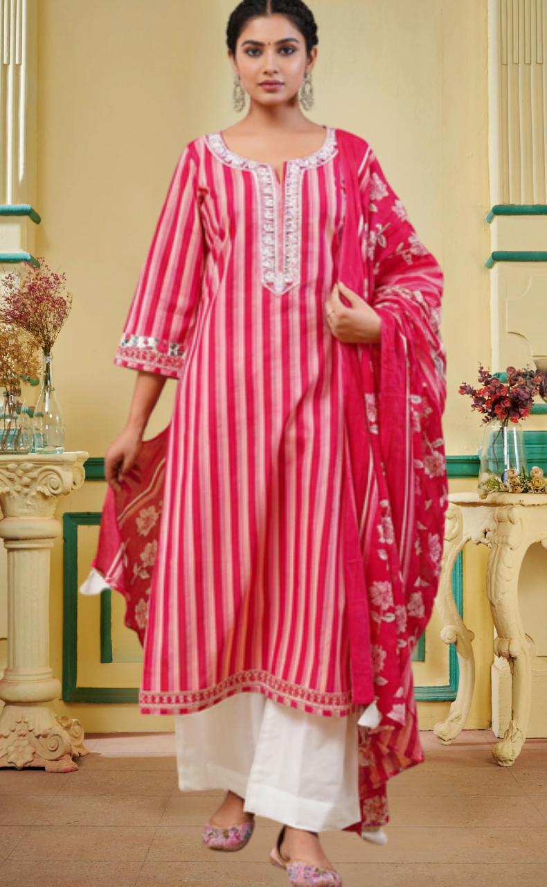 Red Stripes Jaipur Cotton Kurti With Pant And Dupatta Set. Pure Versatile Cotton. | Laces and Frills