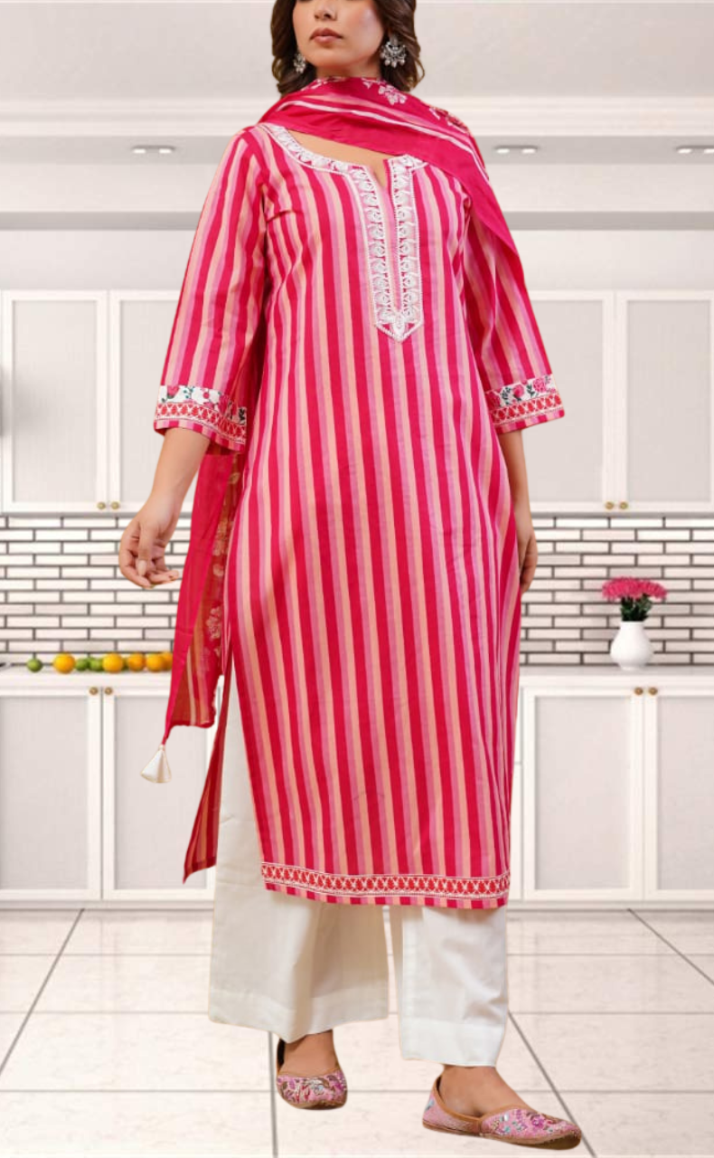 Red Stripes Jaipur Cotton Kurti With Pant And Dupatta Set. Pure Versatile Cotton. | Laces and Frills - Laces and Frills