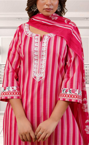 Red Stripes Jaipur Cotton Kurti With Pant And Dupatta Set. Pure Versatile Cotton. | Laces and Frills - Laces and Frills