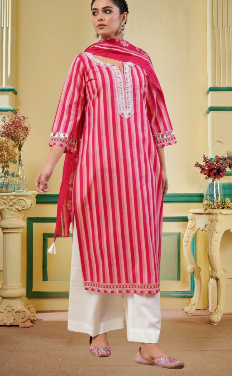 Red Stripes Jaipur Cotton Kurti With Pant And Dupatta Set. Pure Versatile Cotton. | Laces and Frills