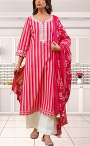 Red Stripes Jaipur Cotton Kurti With Pant And Dupatta Set. Pure Versatile Cotton. | Laces and Frills - Laces and Frills