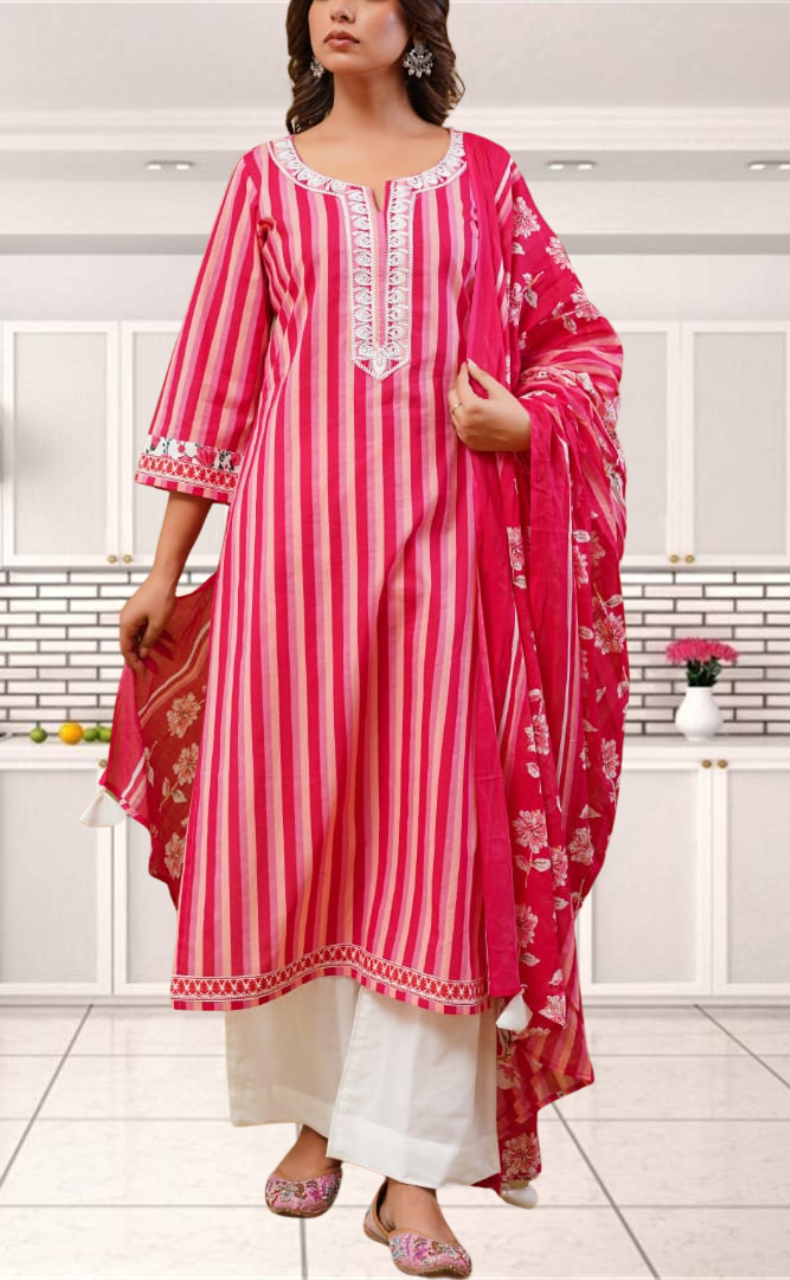 Red Stripes Jaipur Cotton Kurti With Pant And Dupatta Set. Pure Versatile Cotton. | Laces and Frills - Laces and Frills