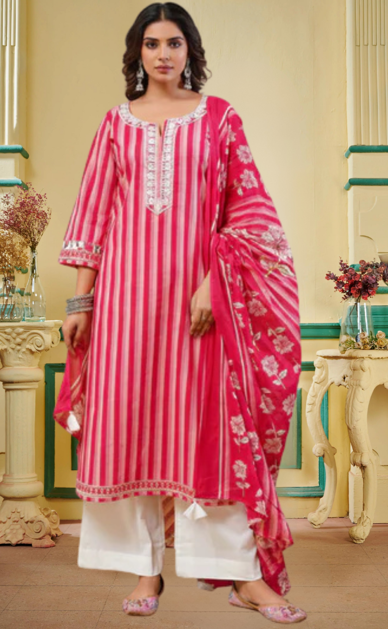 Red Stripes Jaipur Cotton Kurti With Pant And Dupatta Set. Pure Versatile Cotton. | Laces and Frills