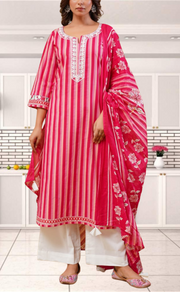 Red Stripes Jaipur Cotton Kurti With Pant And Dupatta Set. Pure Versatile Cotton. | Laces and Frills - Laces and Frills