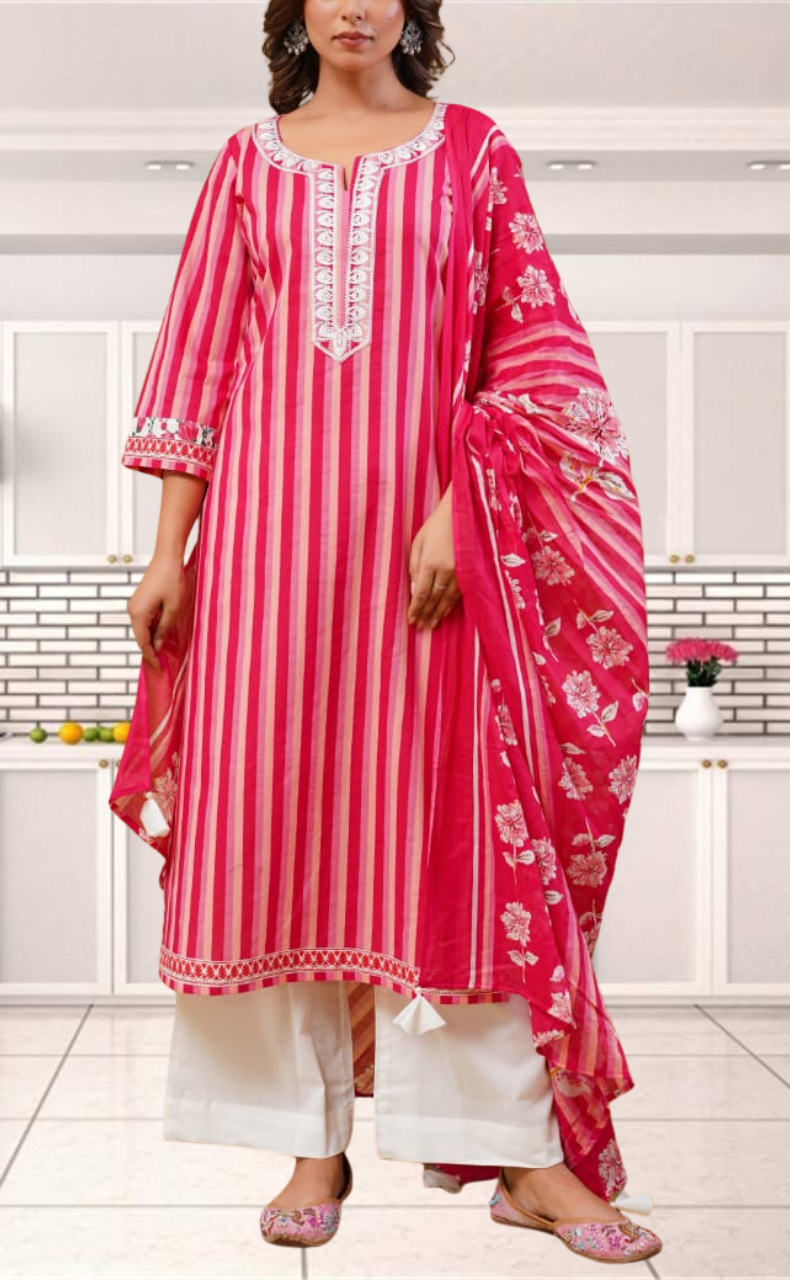 Red Stripes Jaipur Cotton Kurti With Pant And Dupatta Set. Pure Versatile Cotton. | Laces and Frills - Laces and Frills