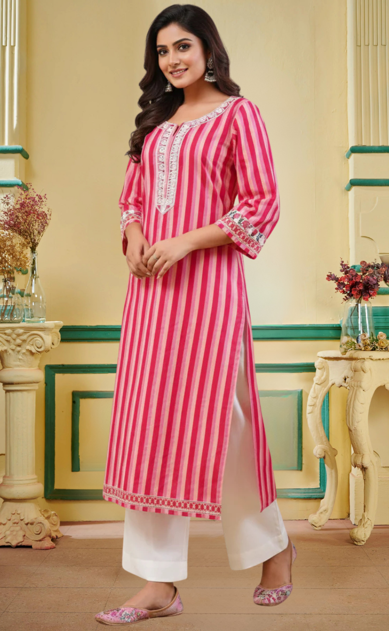 Red Stripes Jaipur Cotton Kurti With Pant And Dupatta Set. Pure Versatile Cotton. | Laces and Frills