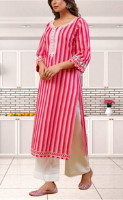 Red Stripes Jaipur Cotton Kurti With Pant And Dupatta Set. Pure Versatile Cotton. | Laces and Frills - Laces and Frills