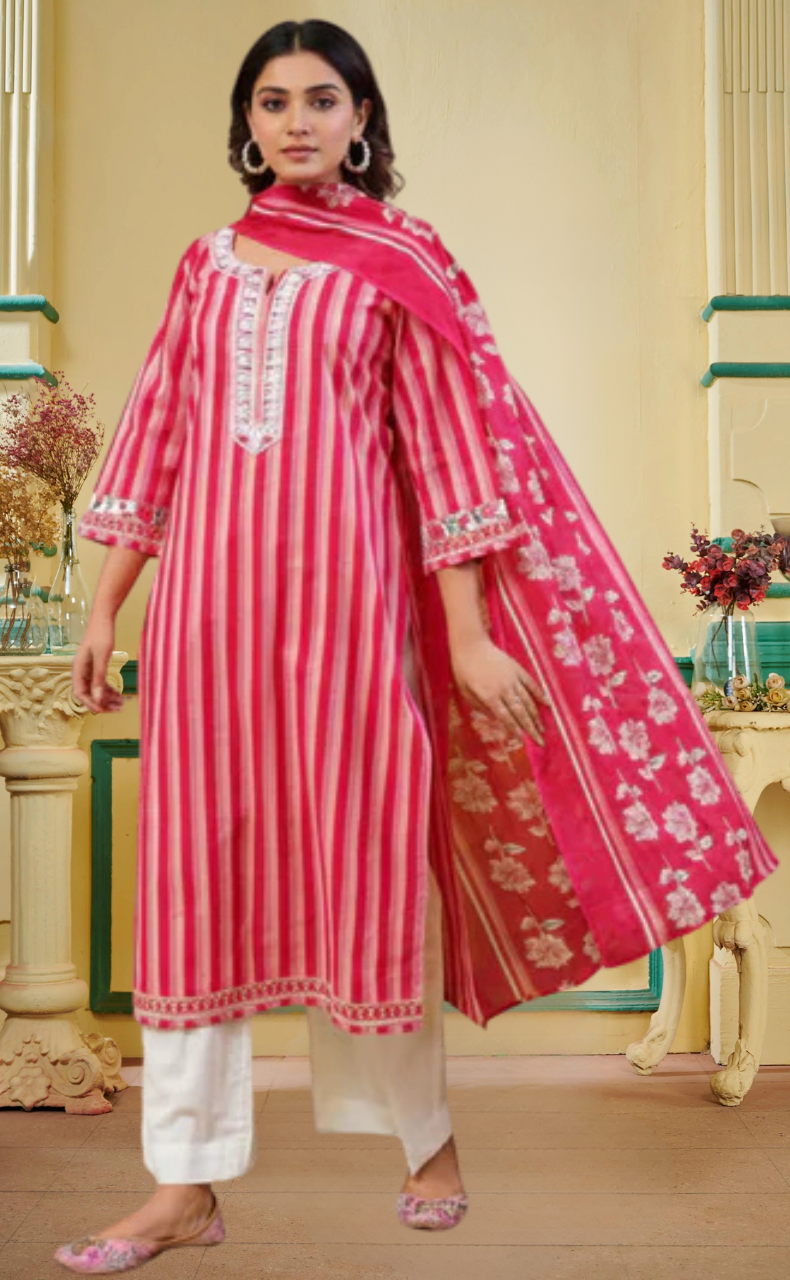 Red Stripes Jaipur Cotton Kurti With Pant And Dupatta Set. Pure Versatile Cotton. | Laces and Frills