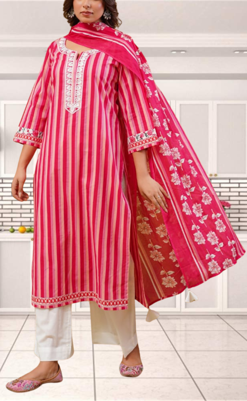 Red Stripes Jaipur Cotton Kurti With Pant And Dupatta Set. Pure Versatile Cotton. | Laces and Frills - Laces and Frills