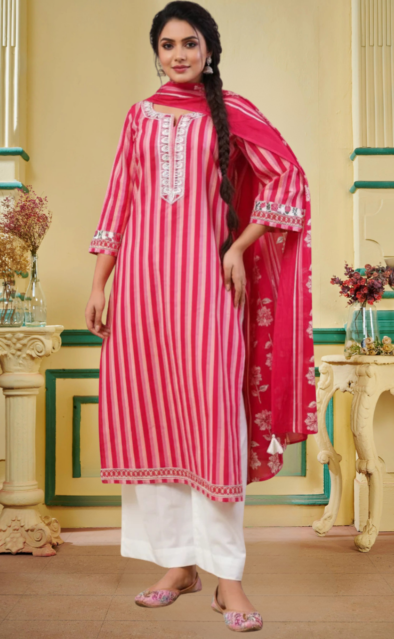 Red Stripes Jaipur Cotton Kurti With Pant And Dupatta Set. Pure Versatile Cotton. | Laces and Frills