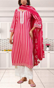 Red Stripes Jaipur Cotton Kurti With Pant And Dupatta Set. Pure Versatile Cotton. | Laces and Frills - Laces and Frills