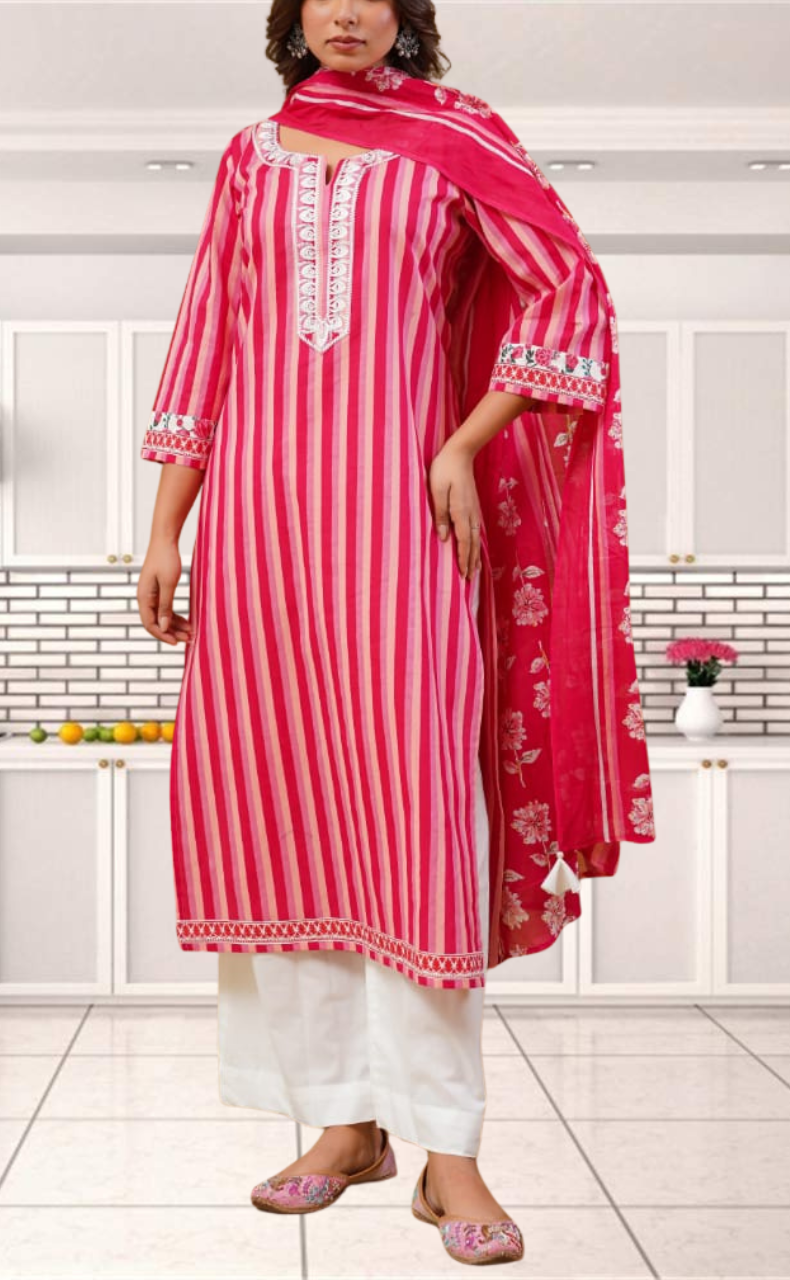 Red Stripes Jaipur Cotton Kurti With Pant And Dupatta Set. Pure Versatile Cotton. | Laces and Frills - Laces and Frills