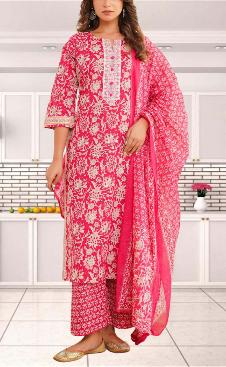 Magenta Pink Garden Jaipur Cotton Kurti With Pant And Dupatta Set. Pure Versatile Cotton. | Laces and Frills