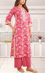 Magenta Pink Garden Jaipur Cotton Kurti With Pant And Dupatta Set. Pure Versatile Cotton. | Laces and Frills