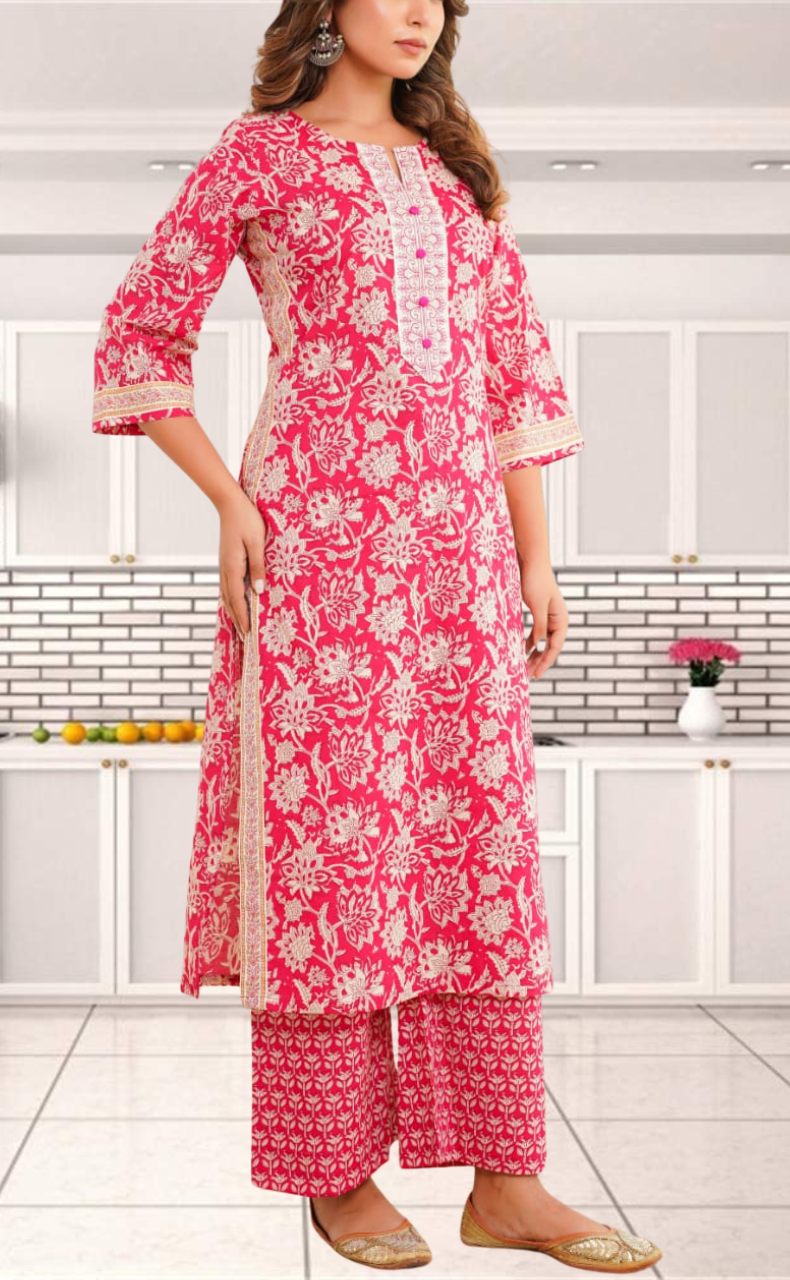 Magenta Pink Garden Jaipur Cotton Kurti With Pant And Dupatta Set. Pure Versatile Cotton. | Laces and Frills