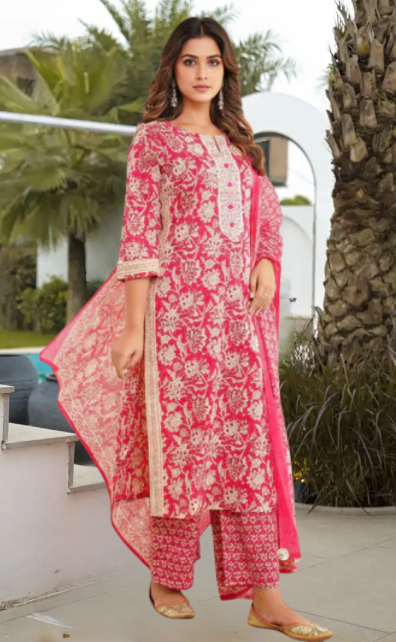Magenta Pink Garden Jaipur Cotton Kurti With Pant And Dupatta Set. Pure Versatile Cotton. | Laces and Frills