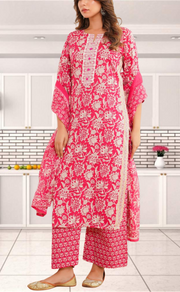 Magenta Pink Garden Jaipur Cotton Kurti With Pant And Dupatta Set. Pure Versatile Cotton. | Laces and Frills