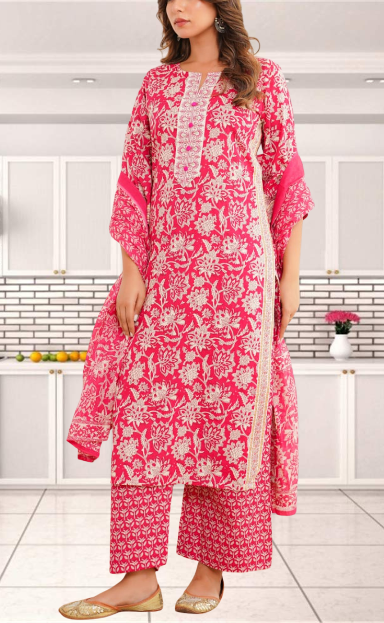 Magenta Pink Garden Jaipur Cotton Kurti With Pant And Dupatta Set. Pure Versatile Cotton. | Laces and Frills