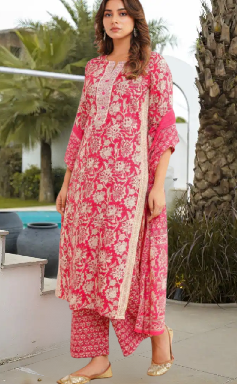 Magenta Pink Garden Jaipur Cotton Kurti With Pant And Dupatta Set. Pure Versatile Cotton. | Laces and Frills