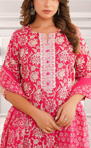 Magenta Pink Garden Jaipur Cotton Kurti With Pant And Dupatta Set. Pure Versatile Cotton. | Laces and Frills