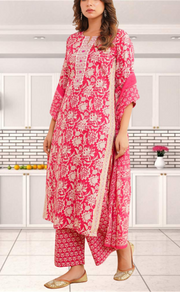 Magenta Pink Garden Jaipur Cotton Kurti With Pant And Dupatta Set. Pure Versatile Cotton. | Laces and Frills