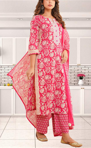 Magenta Pink Garden Jaipur Cotton Kurti With Pant And Dupatta Set. Pure Versatile Cotton. | Laces and Frills