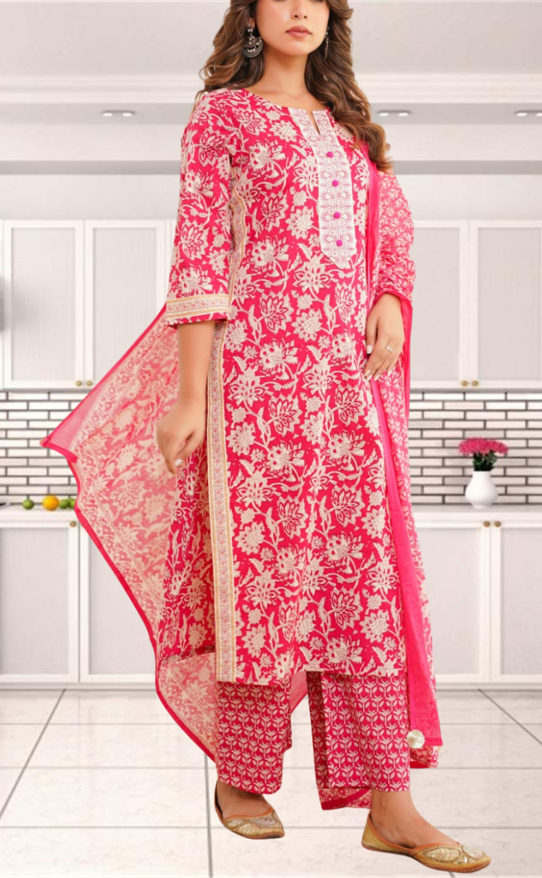Magenta Pink Garden Jaipur Cotton Kurti With Pant And Dupatta Set. Pure Versatile Cotton. | Laces and Frills