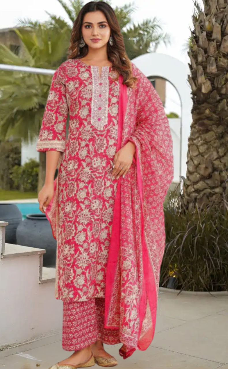 Magenta Pink Garden Jaipur Cotton Kurti With Pant And Dupatta Set. Pure Versatile Cotton. | Laces and Frills