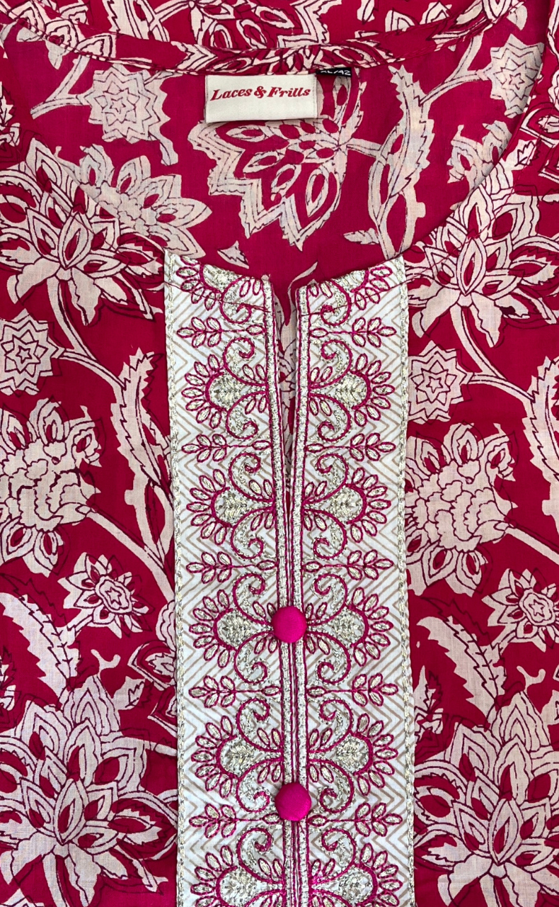 Magenta Pink Garden Jaipur Cotton Kurti With Pant And Dupatta Set. Pure Versatile Cotton. | Laces and Frills
