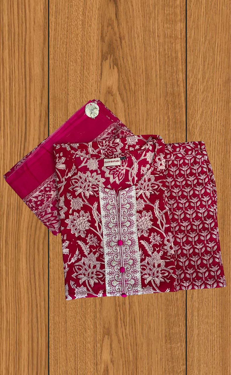 Magenta Pink Garden Jaipur Cotton Kurti With Pant And Dupatta Set. Pure Versatile Cotton. | Laces and Frills