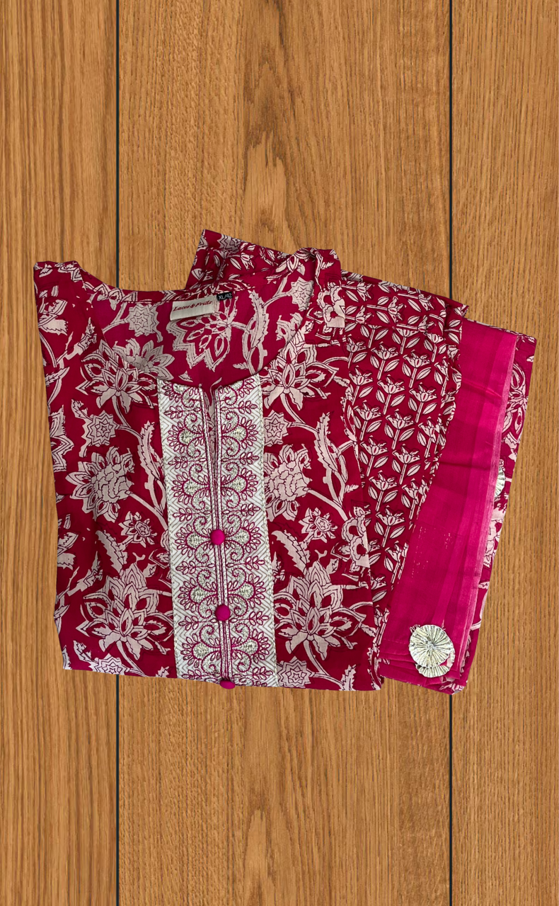Magenta Pink Garden Jaipur Cotton Kurti With Pant And Dupatta Set. Pure Versatile Cotton. | Laces and Frills