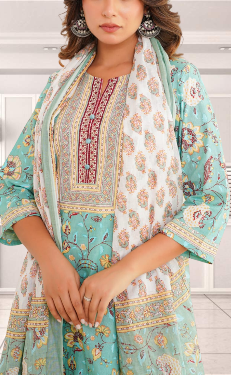Brook Green Garden Jaipur Cotton Kurti With Pant And Dupatta Set. Pure Versatile Cotton. | Laces and Frills