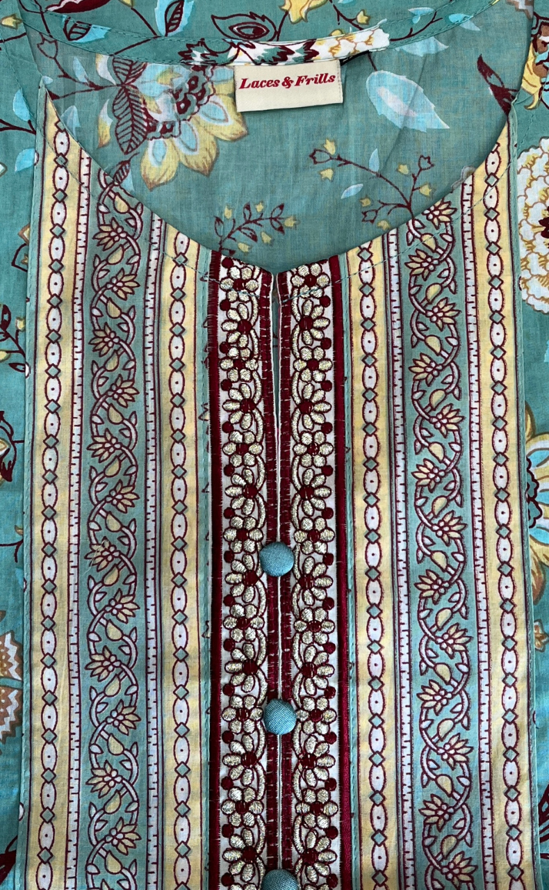 Brook Green Garden Jaipur Cotton Kurti With Pant And Dupatta Set. Pure Versatile Cotton. | Laces and Frills - Laces and Frills