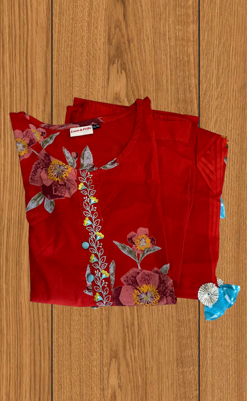 Brick Red Jaipur Cotton Kurti With Pant And Dupatta Set. Pure Versatile Cotton. | Laces and Frills
