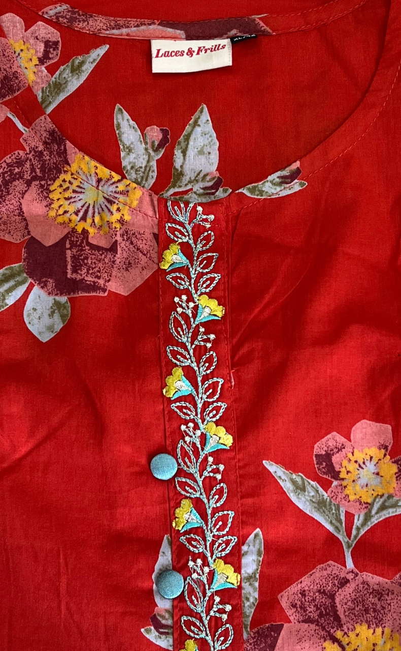 Brick Red Jaipur Cotton Kurti With Pant And Dupatta Set. Pure Versatile Cotton. | Laces and Frills