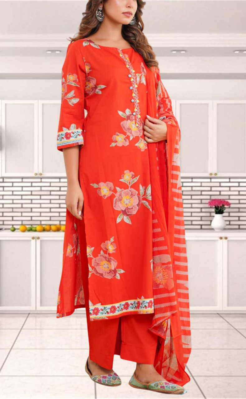 Brick Red Jaipur Cotton Kurti With Pant And Dupatta Set. Pure Versatile Cotton. | Laces and Frills