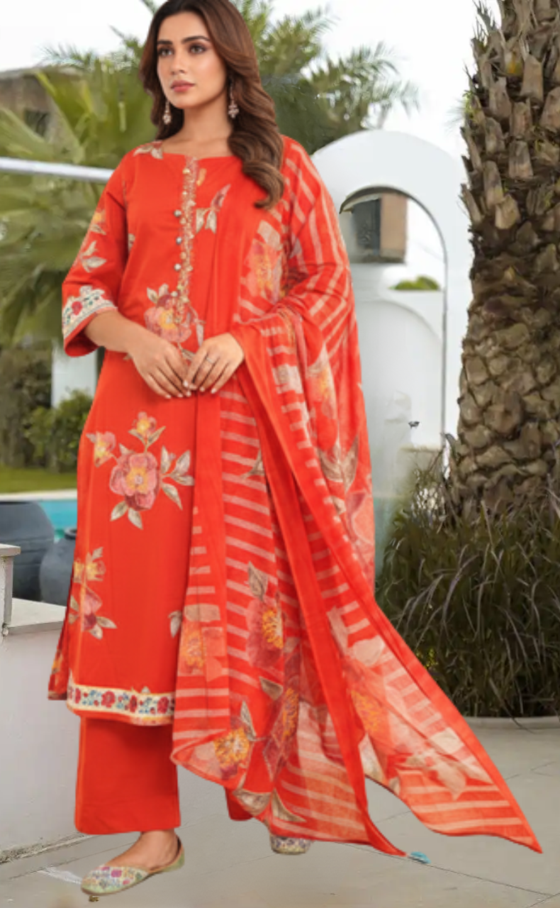 Brick Red Jaipur Cotton Kurti With Pant And Dupatta Set. Pure Versatile Cotton. | Laces and Frills