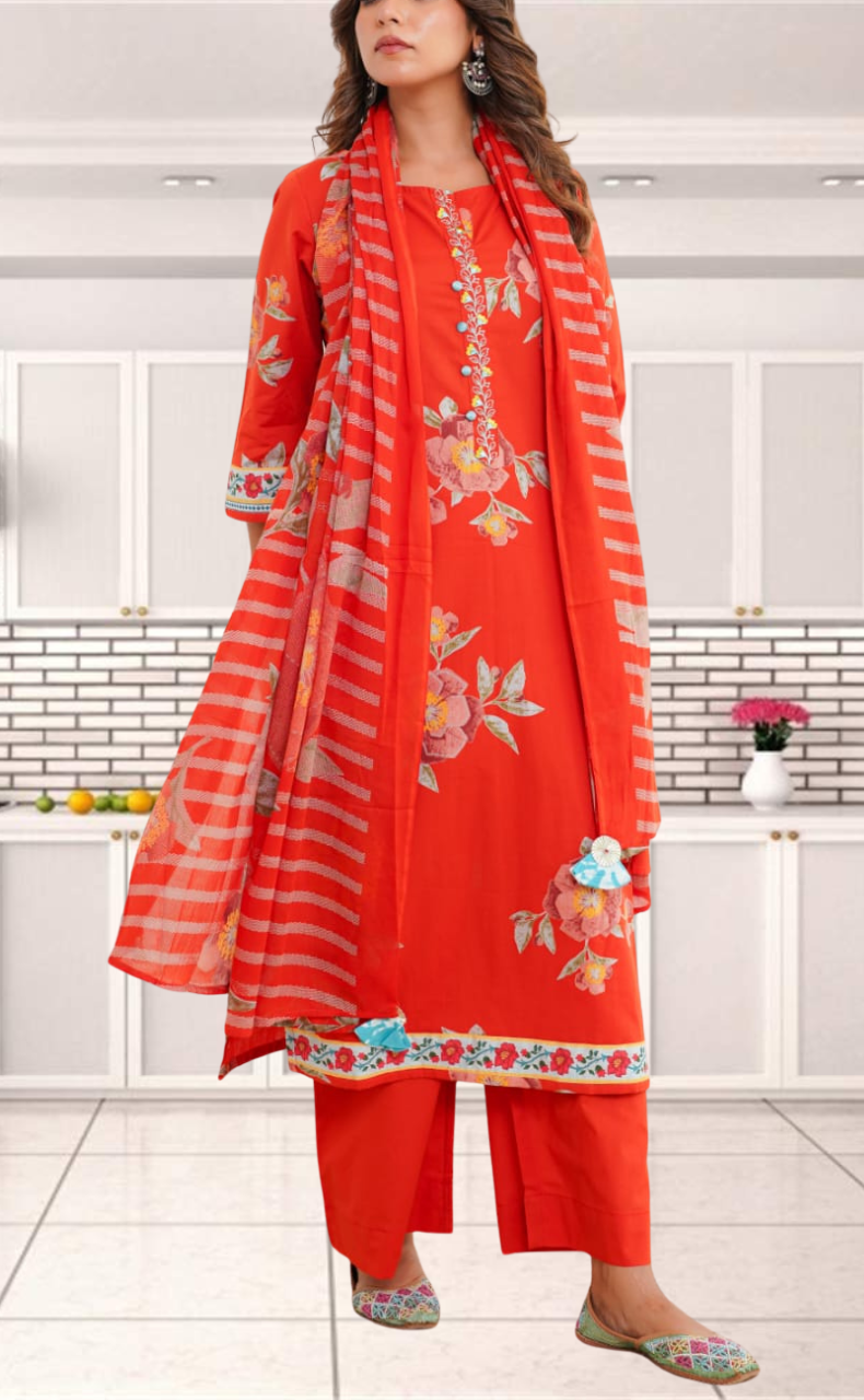 Brick Red Jaipur Cotton Kurti With Pant And Dupatta Set. Pure Versatile Cotton. | Laces and Frills