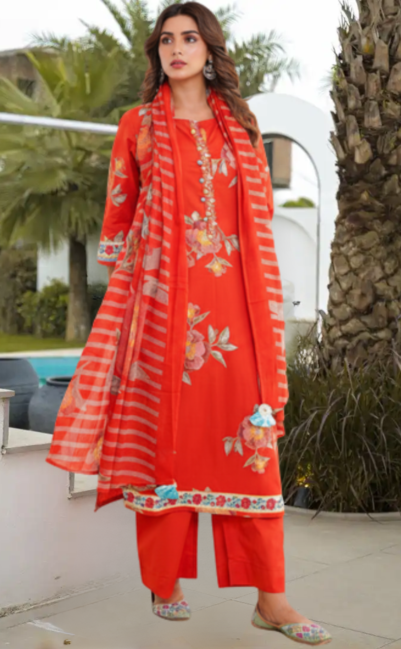 Brick Red Jaipur Cotton Kurti With Pant And Dupatta Set. Pure Versatile Cotton. | Laces and Frills