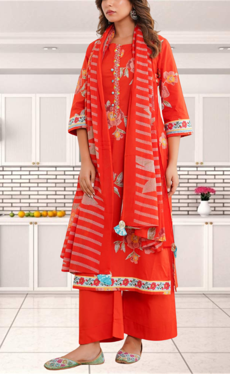 Brick Red Jaipur Cotton Kurti With Pant And Dupatta Set. Pure Versatile Cotton. | Laces and Frills