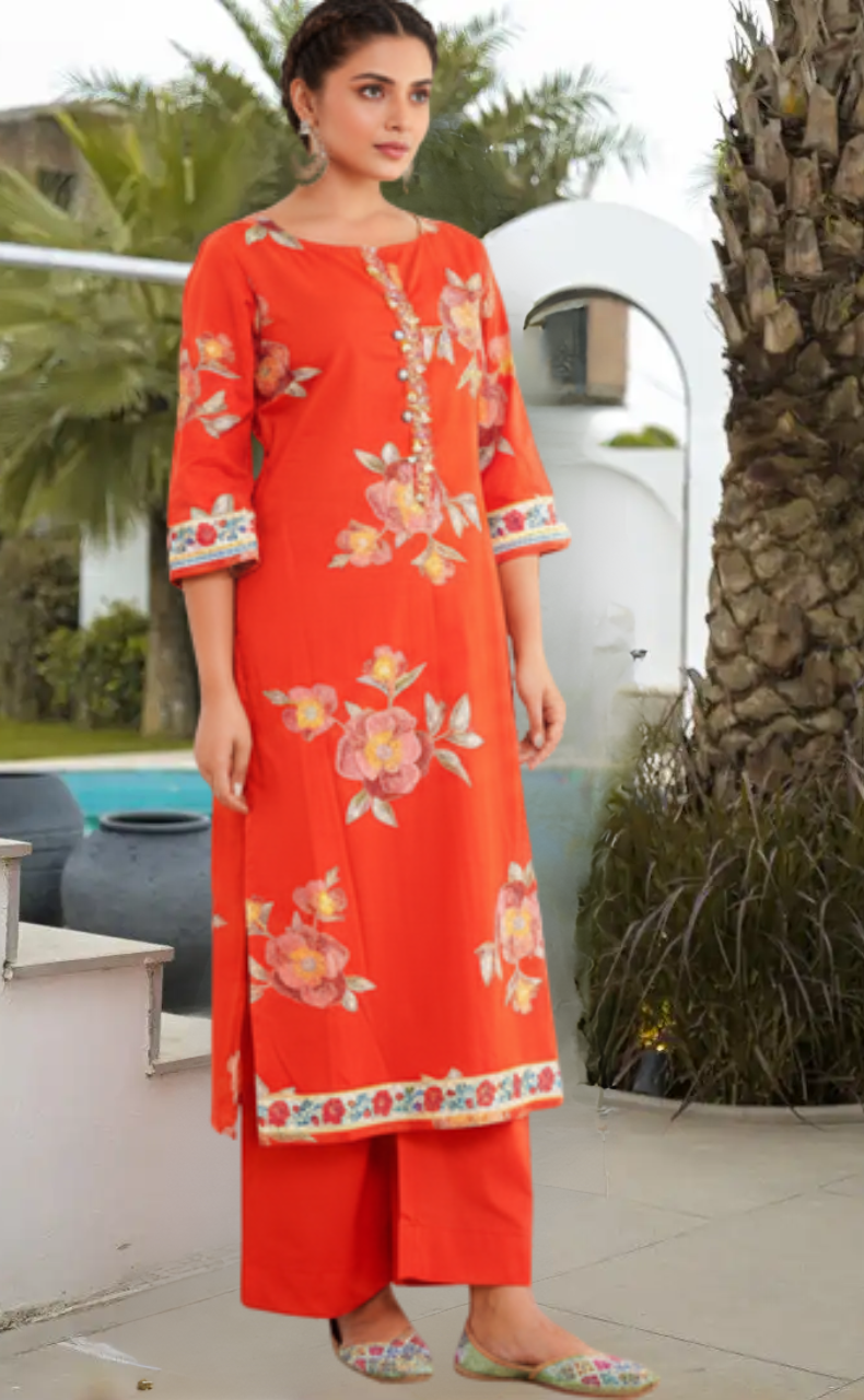 Brick Red Jaipur Cotton Kurti With Pant And Dupatta Set. Pure Versatile Cotton. | Laces and Frills