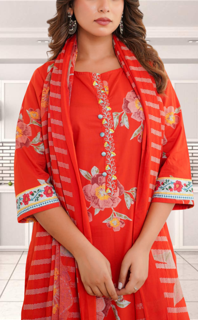 Brick Red Jaipur Cotton Kurti With Pant And Dupatta Set. Pure Versatile Cotton. | Laces and Frills